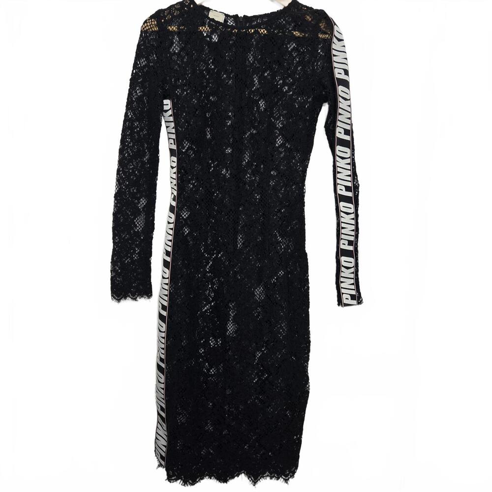 Pinko Dress Women's USA 2 Black Lace Long Sleeve Midi Spellout Banded Accent